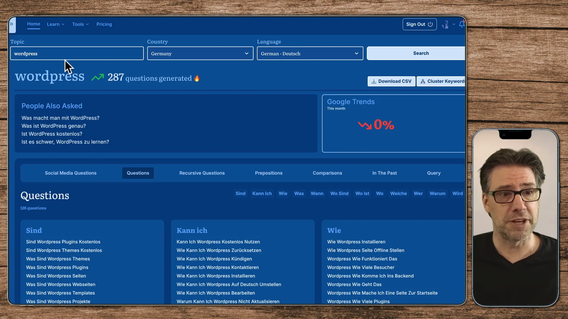 Screenshot der wichtigsten Fragen zu WordPress