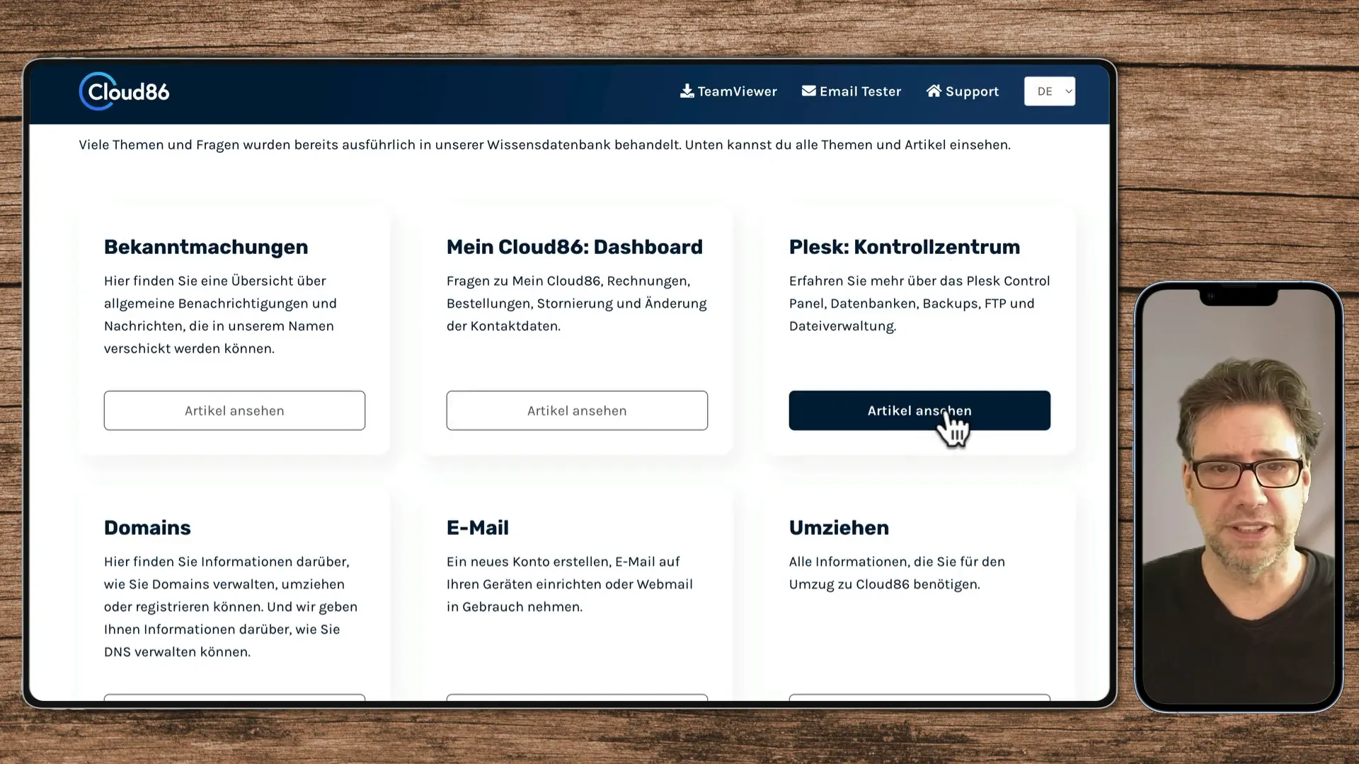 Cloud86 Hilfe und Support Optionen