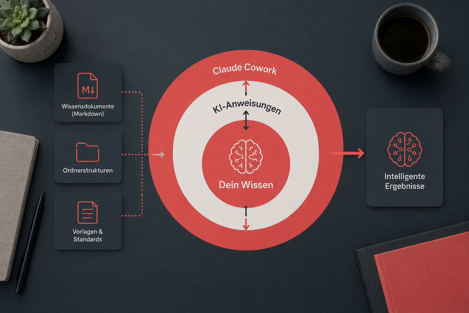 Flat-lay illustration of a digital workflow diagram showing three concentric circles: innermost labeled 'Dein Wissen' in