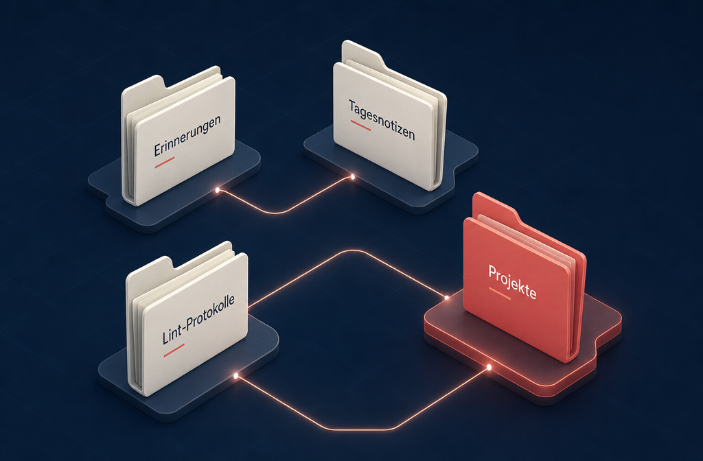 Isometric illustration of a structured folder system floating in 3D space, folders labeled in German: 'Memory', 'Daily