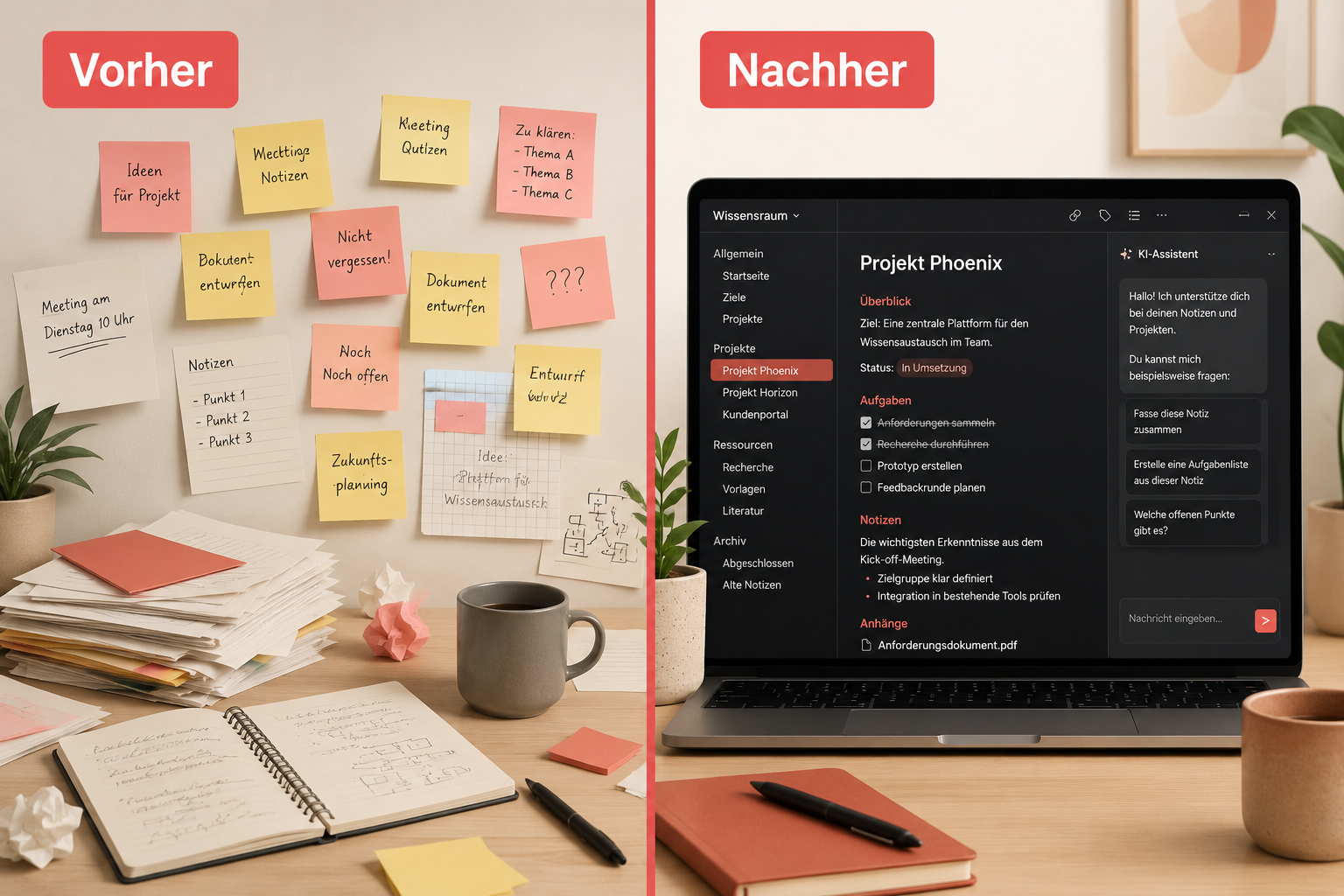 Split-screen landscape illustration showing left side: chaotic sticky notes and scattered documents representing