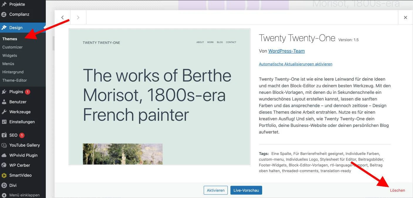 WordPress Themes deinstallieren dashboard