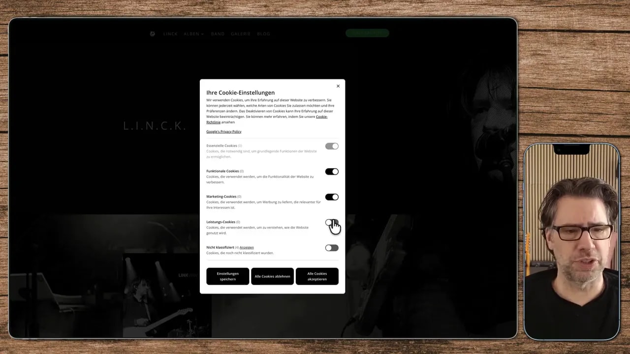 Cookie-Einstellungen Modal mit Kategorien (Essenzielle, Funktionale, Marketing) und Buttons 'Alle Cookies ablehnen' und 'Alle Cookies akzeptieren'