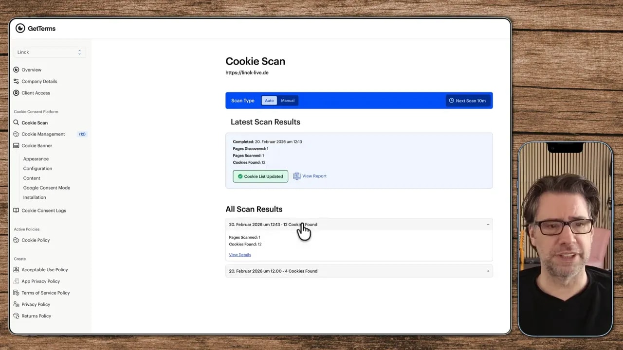 GetTerms Cookie Scan Ergebnisse mit Anzahl gefundener Cookies, 'Cookie List Updated' Button und 'View Report' Link