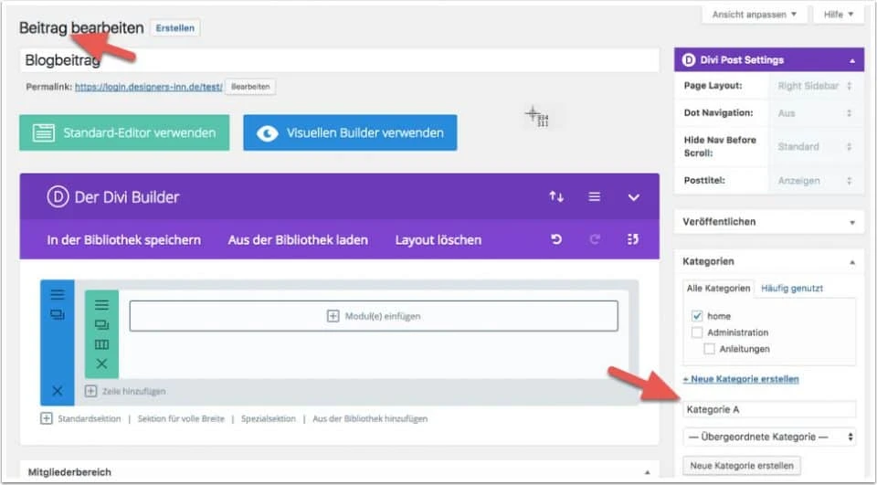 Einen Beitrag samt Kategorie anlegen – Einrichtung eines Blogs mit dem Divi-Pagebuilder