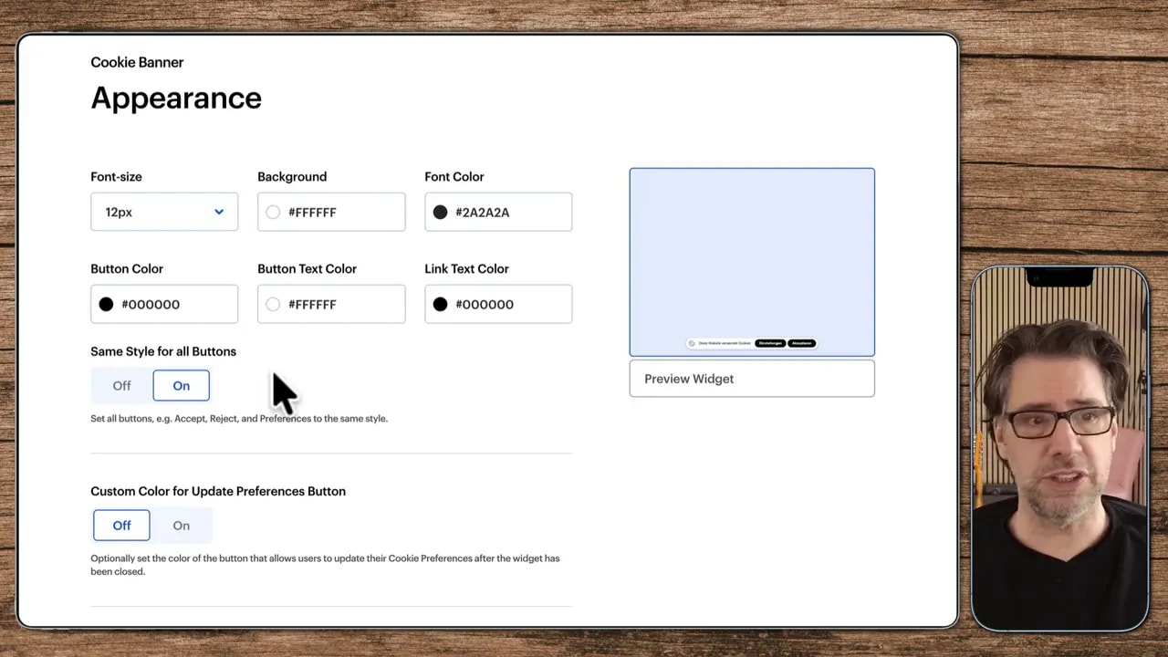 GetTerms Cookie-Banner Appearance Einstellungen mit aktiviertem 'Same Style for all Buttons' und Widget-Vorschau