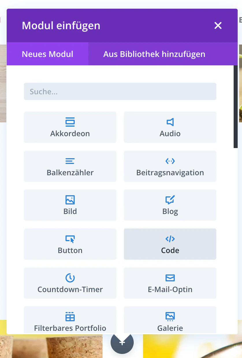 Divi Blog 2 Spalten Beispiel: Schritt 2: Modul CODE einfügen