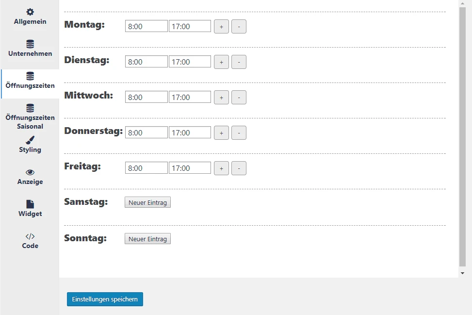 Einstellungen Plugin "Offen" – Offen - Das WordPress-Plugin für Öffnungszeiten