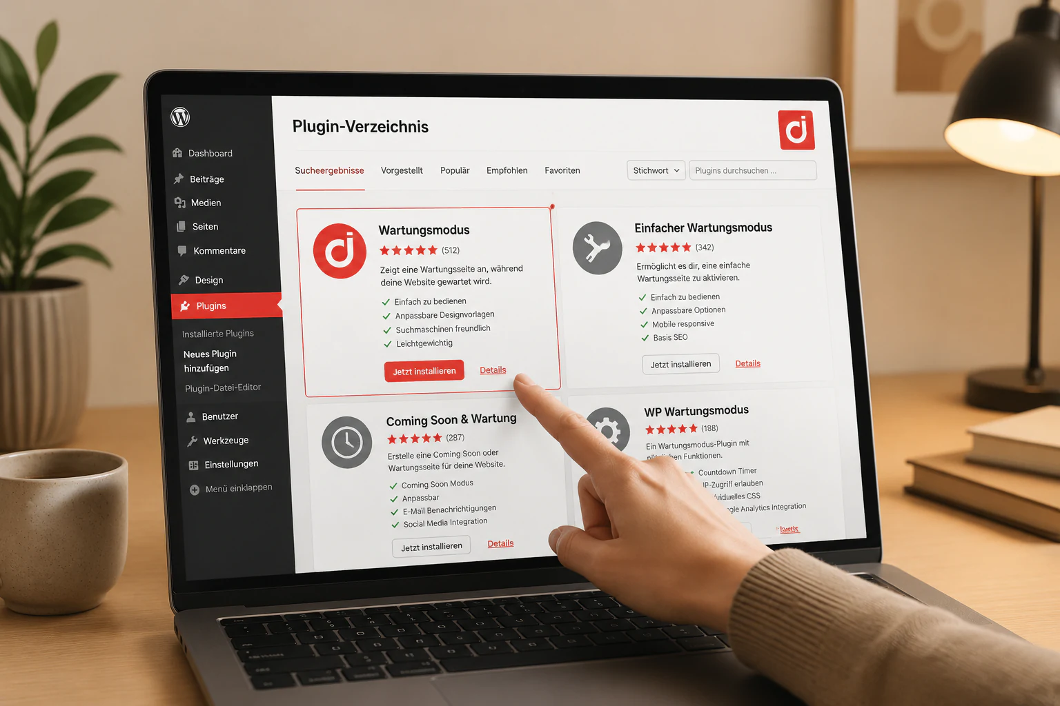 () showing a WordPress plugin directory screen on a laptop with the Maintenance plugin highlighted, plugin cards arranged in