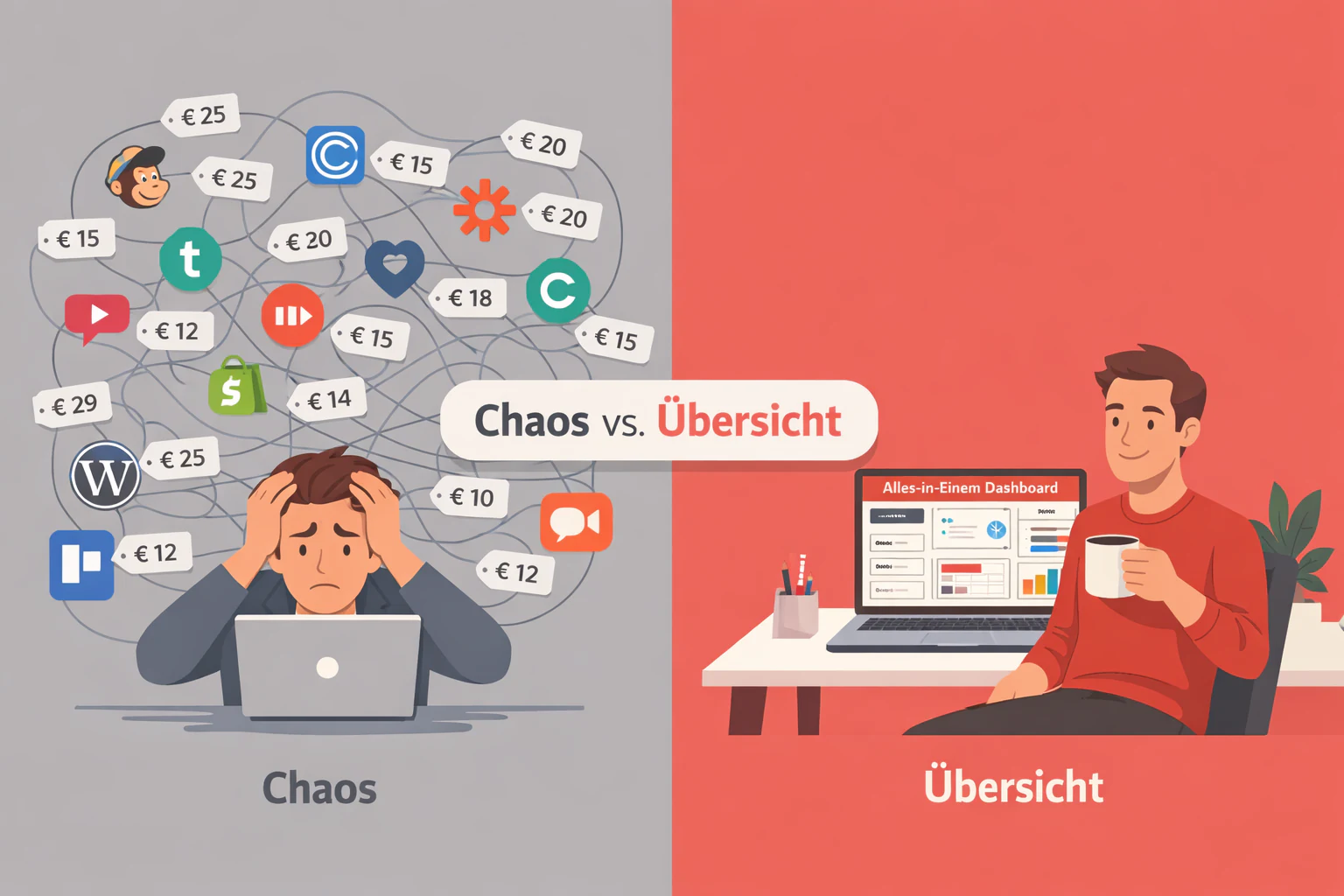 () split-screen comparison visual: left half shows a stressed freelancer surrounded by floating icons of 20 different app
