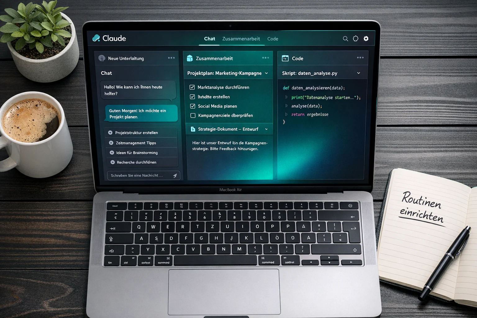 () top-down flat-lay composition showing a modern minimalist workspace: open MacBook displaying Claude Desktop App with